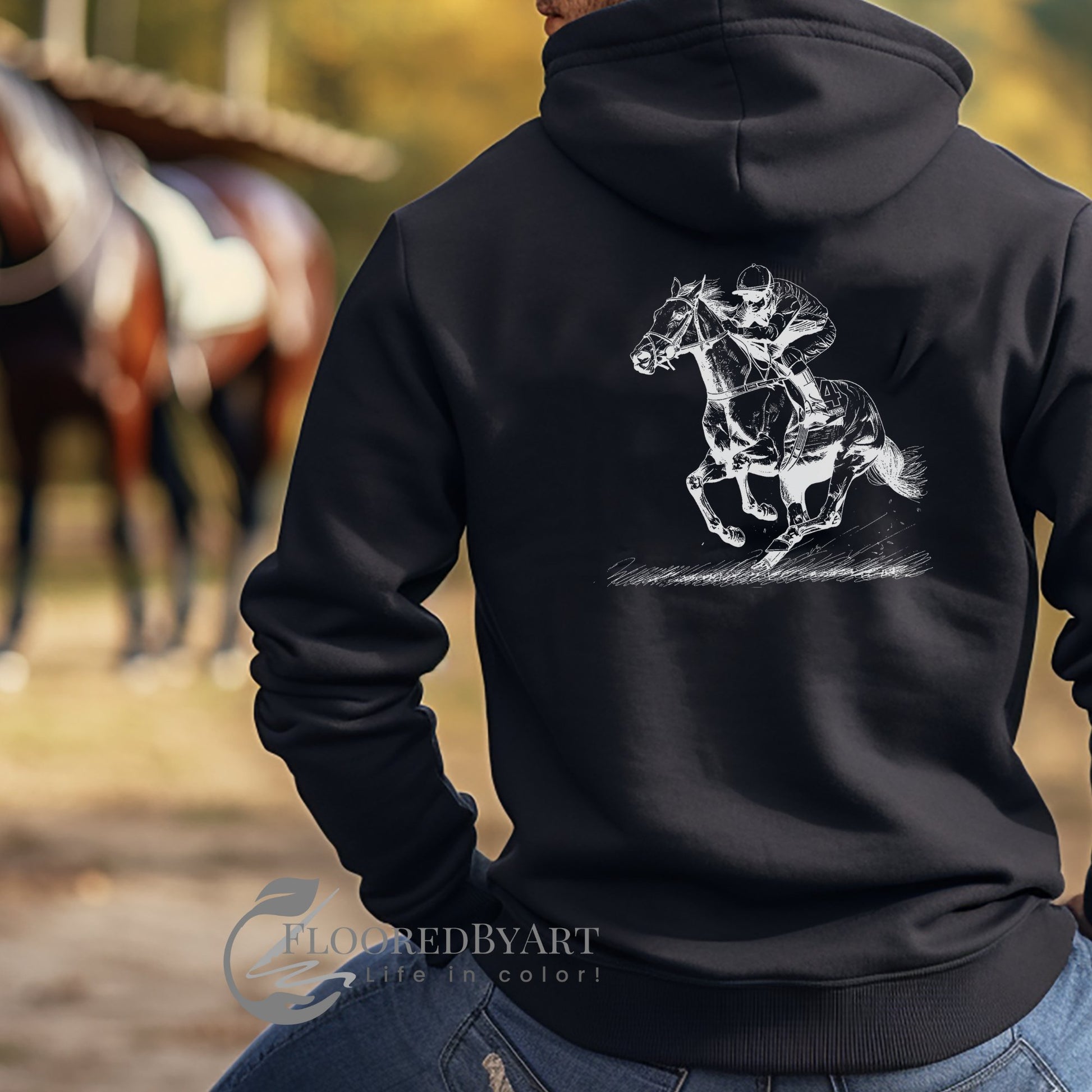 An Original Horseracing Full Zip Jacket, Black Marker Drawing, Full Jockey and Horse - FlooredByArt
