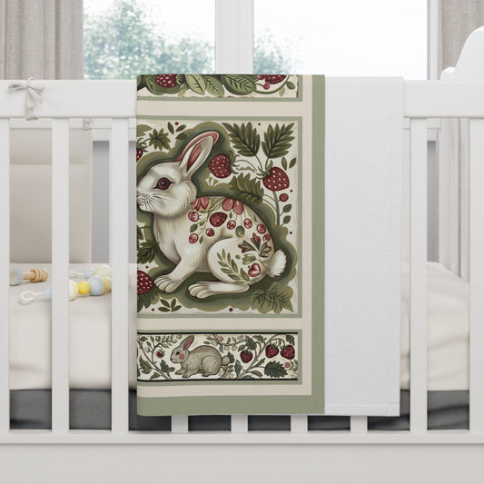 Baby Blanket, Rabbits and Berries Scandinavian Design, Soft Sage Green - FlooredByArt