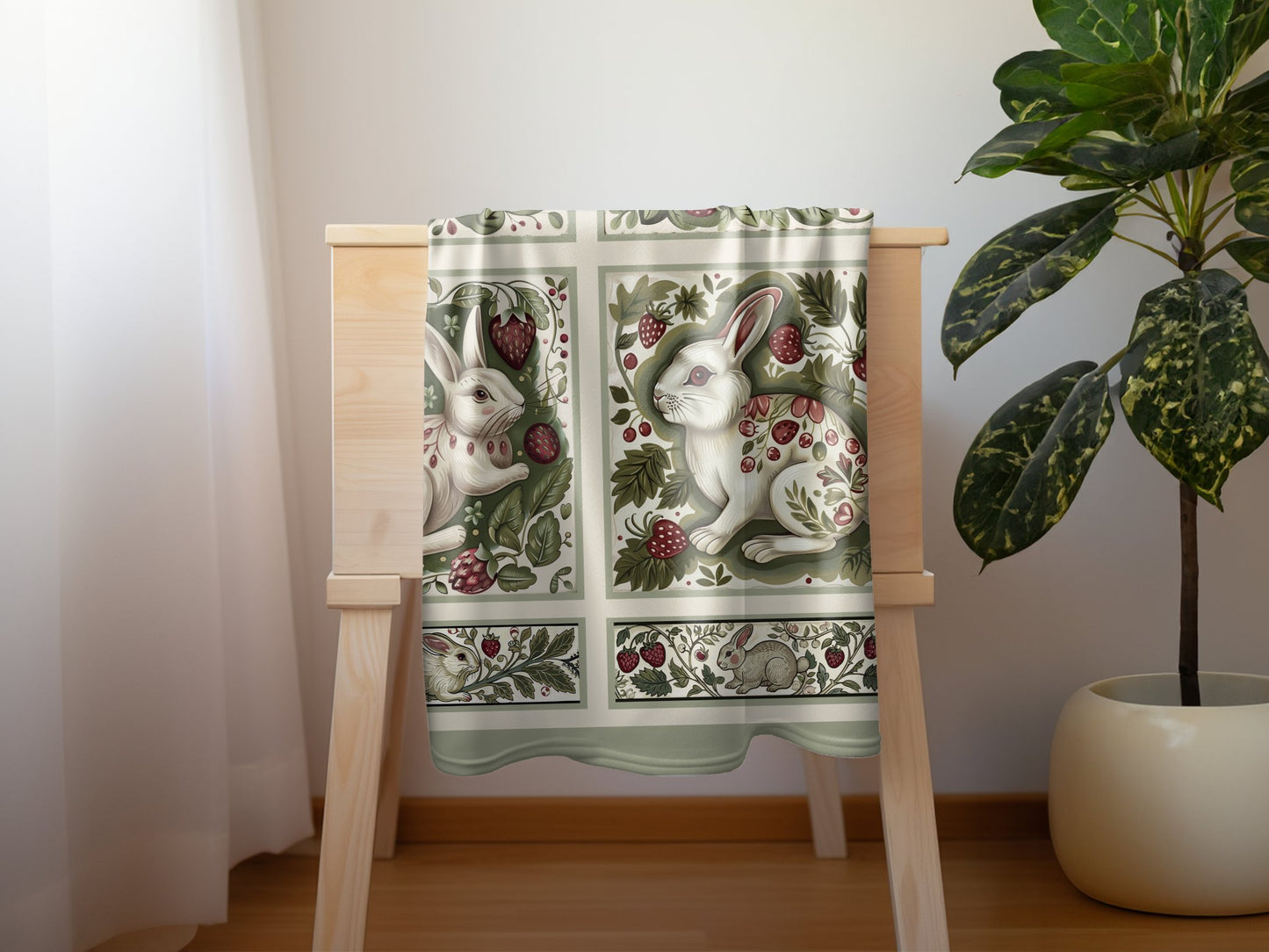 Baby Blanket, Rabbits and Berries Scandinavian Design, Soft Sage Green - FlooredByArt