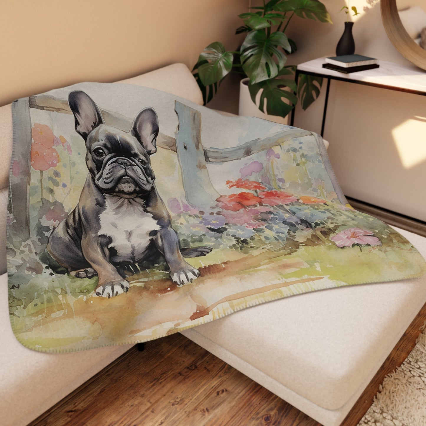 Beautiful French Bulldog Blanket, Personalize it, Watercolor Art French Bulldog Dogs - FlooredByArt