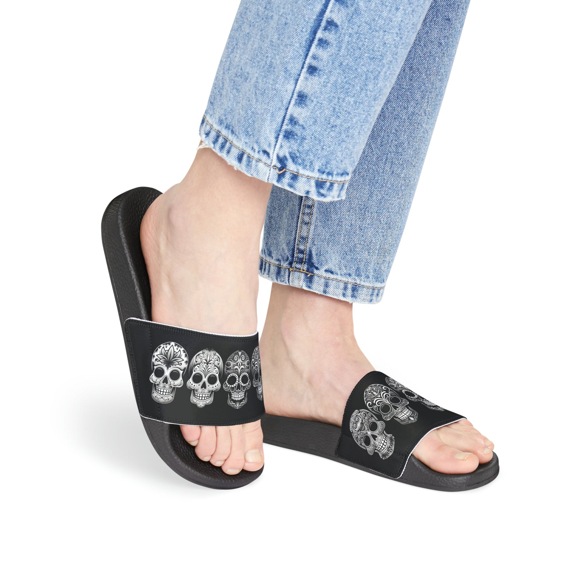Black and white Gothic Slip On Sandals, Slide Sandal Dead Skulls - FlooredByArt