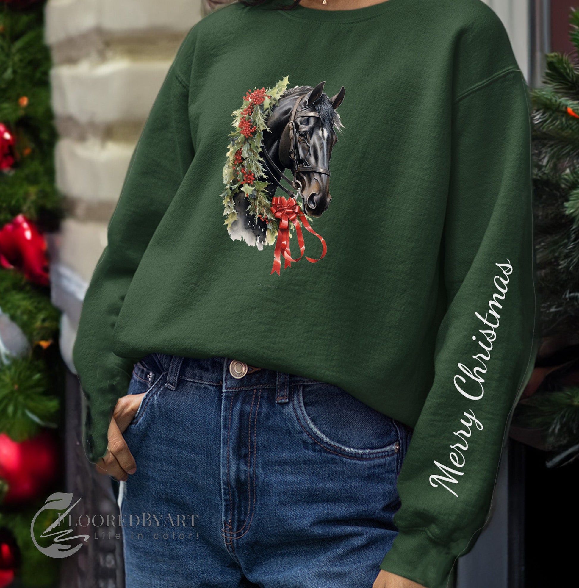 Black Horse Christmas Sweatshirt, Christmas for Horse Lovers - FlooredByArt