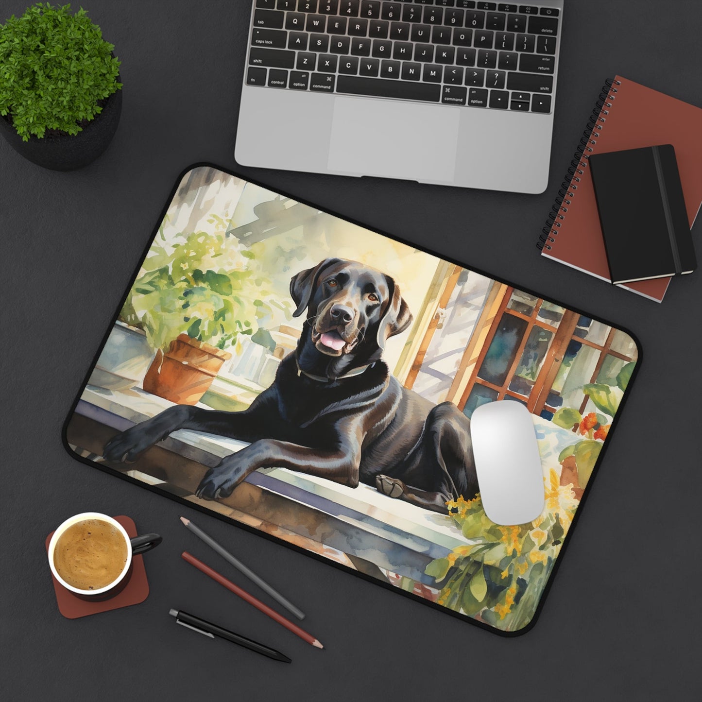 Black Labrador Retriever Mouse Pad, Garden Watercolor, Unique Computer Desk Mat - FlooredByArt