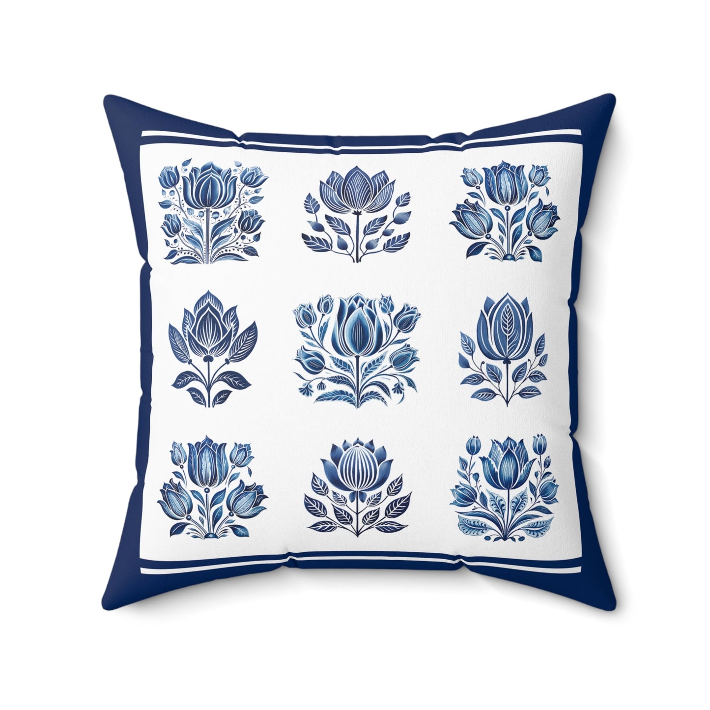 Blue and White Danish Style Throw Pillow, Elegant Clean Lines Folk Art Tulip Pillow - FlooredByArt