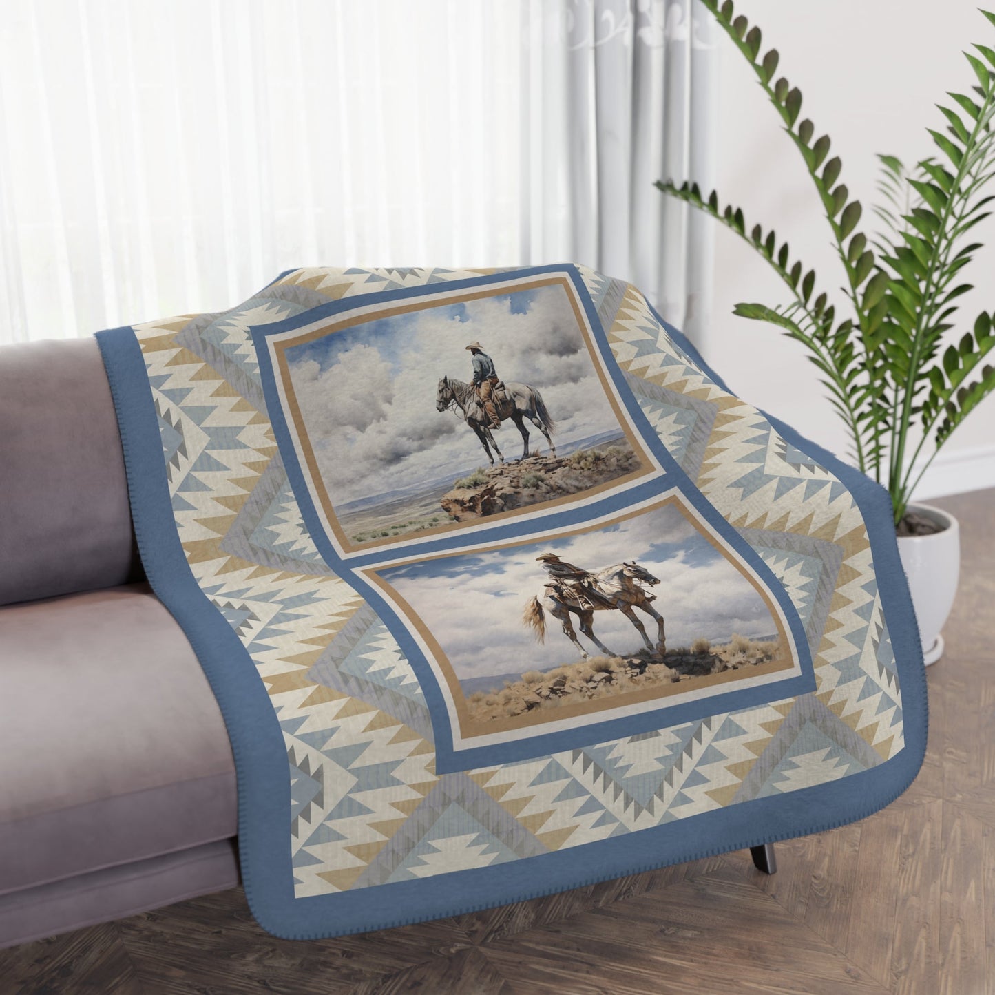Blue Cowboy Blanket, Western Horse Sherpa Throw, Watercolor Quilted Look - FlooredByArt