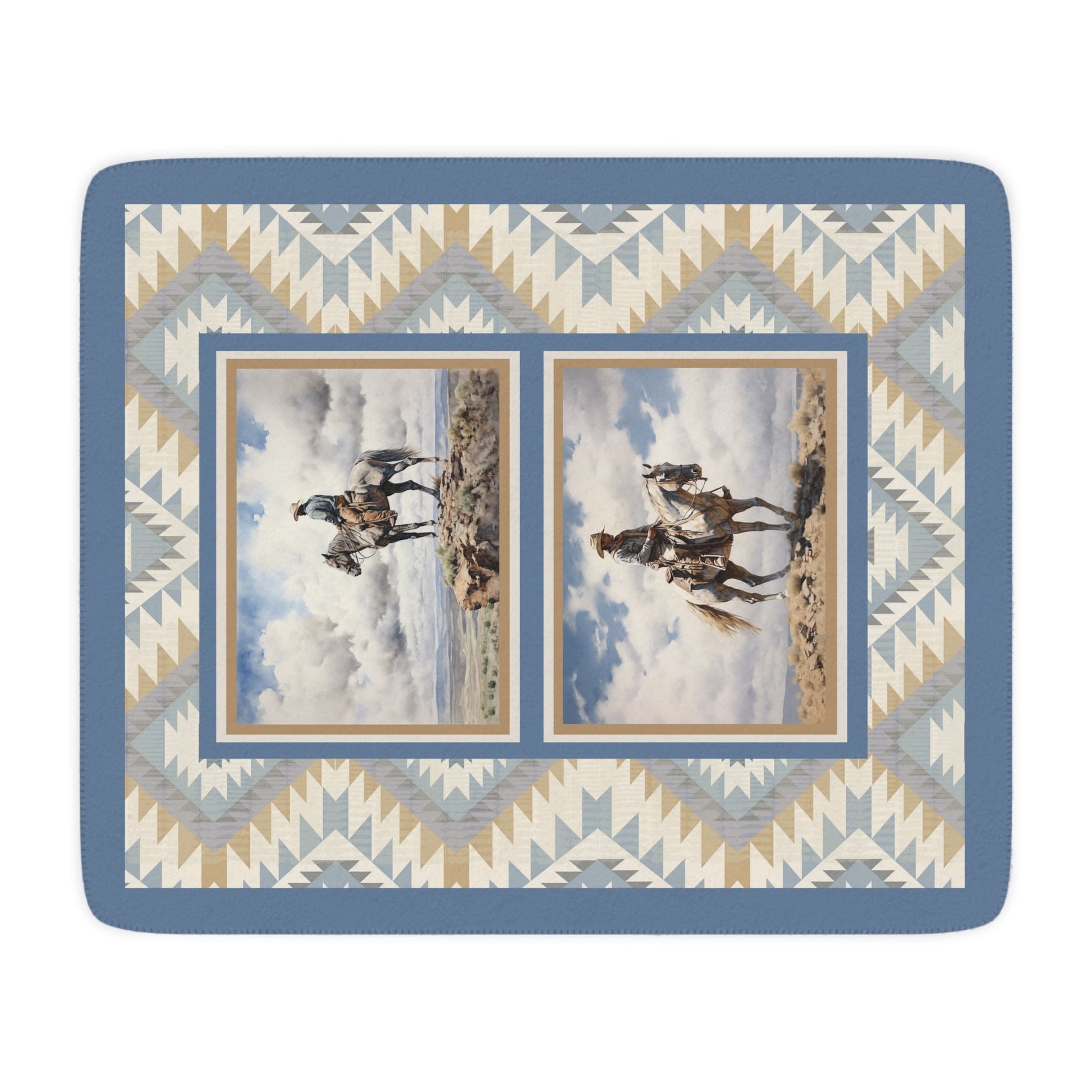 Blue Cowboy Blanket, Western Horse Sherpa Throw, Watercolor Quilted Look - FlooredByArt