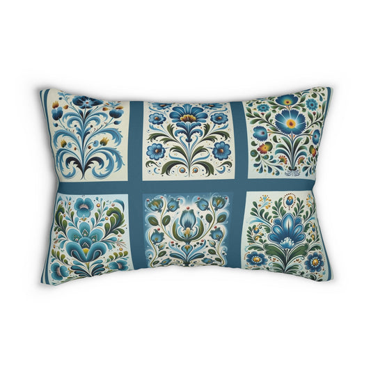 Blue Scandinavian Style Lumbar Pillow, Blue Folk Art Design - FlooredByArt