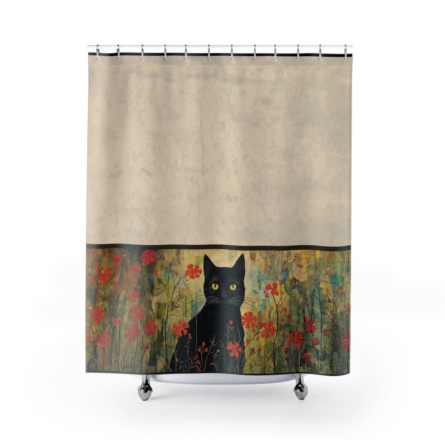 Boho Black Cat Shower Curtain, Boho Style Bathroom Decor, Unique Decor Design - FlooredByArt