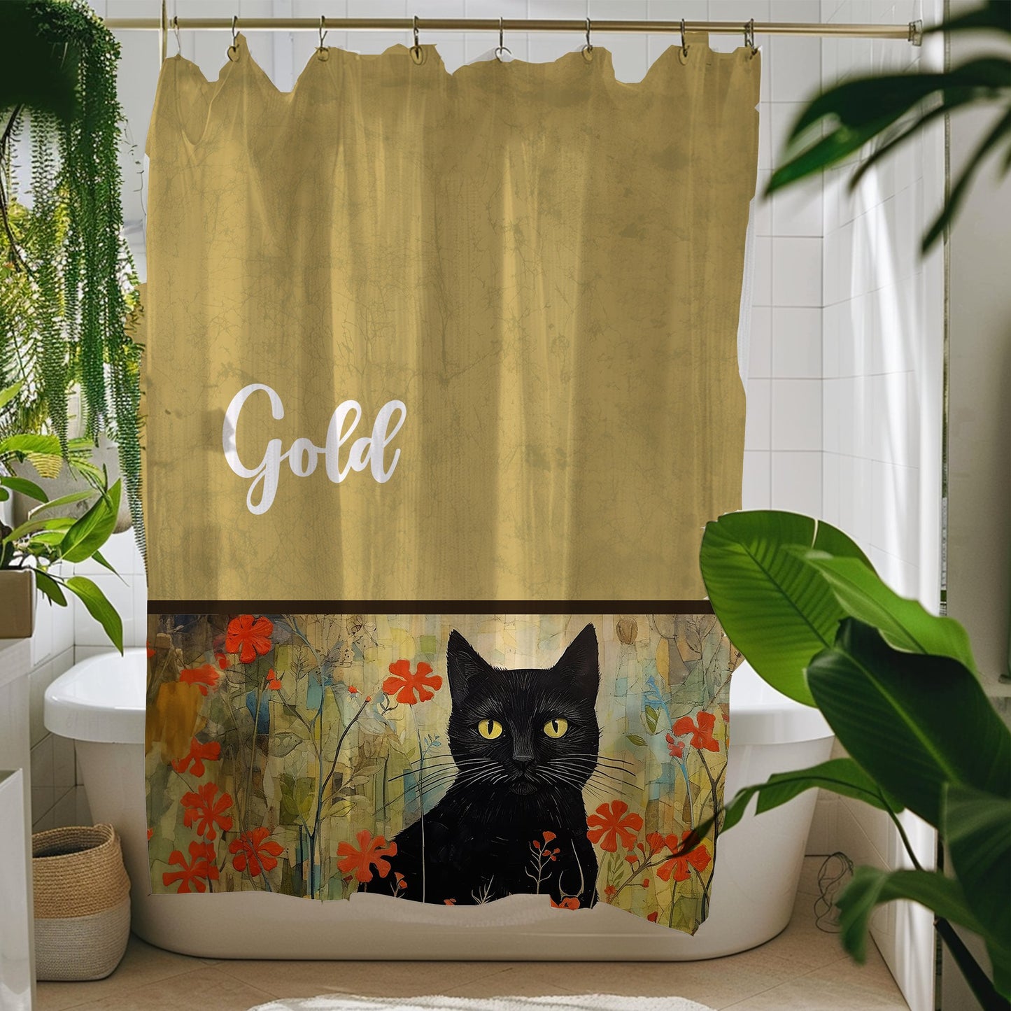 Boho Black Cat Shower Curtain, Boho Style Bathroom Decor, Unique Decor Design - FlooredByArt