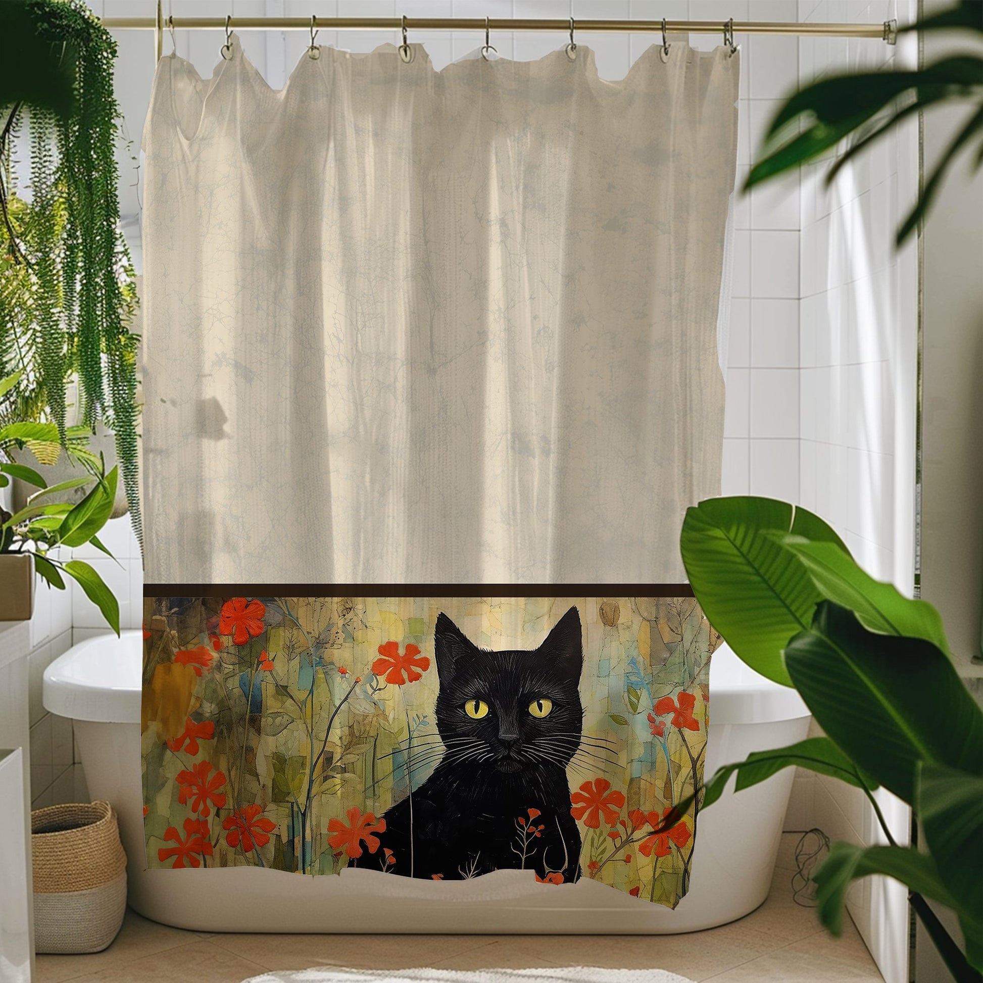 Boho Black Cat Shower Curtain, Boho Style Bathroom Decor, Unique Decor Design - FlooredByArt