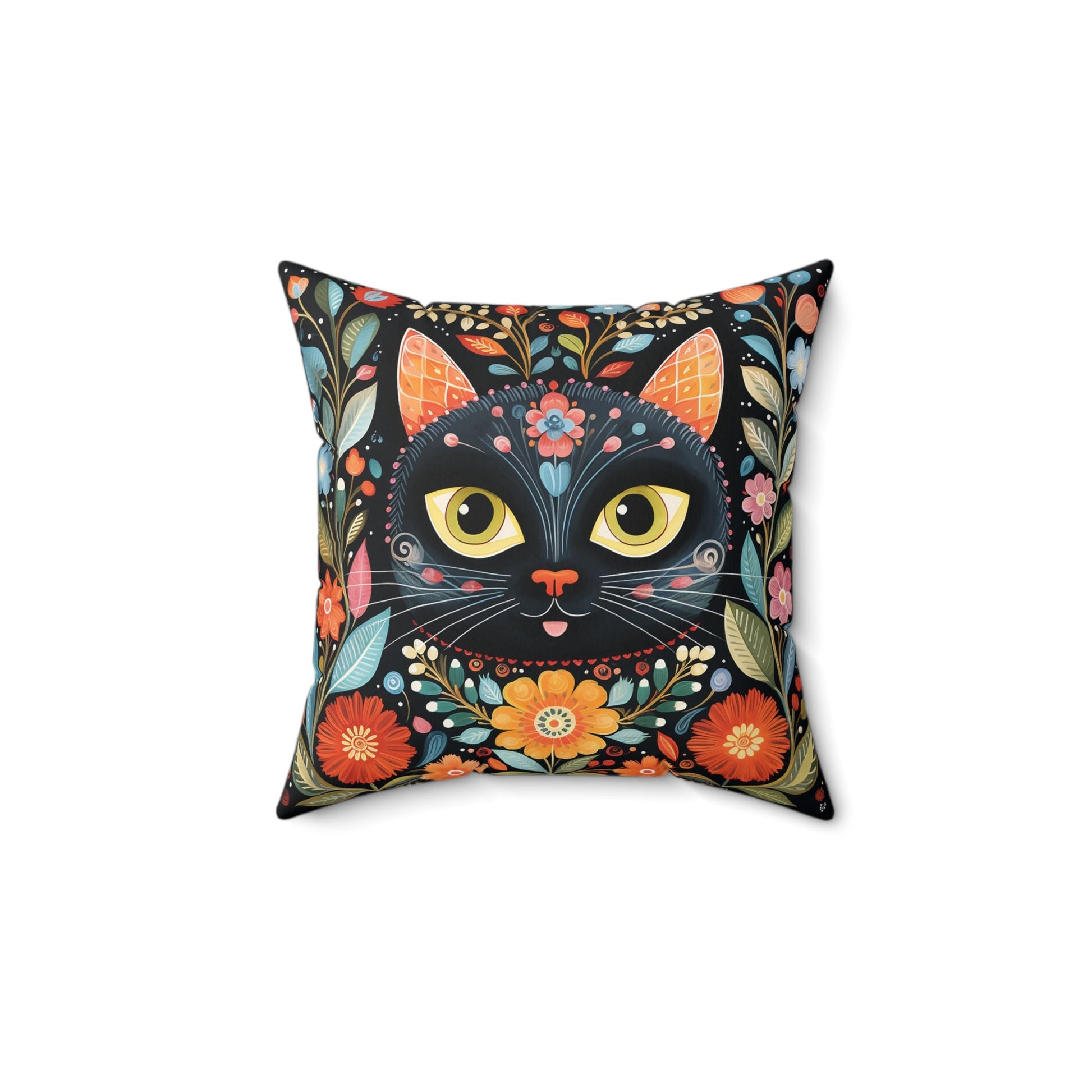 Boho Cat Pillow - Decorative Cat Boho Print Throw Pillow Cover 4 sizes, Bright Boho Decor, Vintage Folk Art, Gift for Artists, Accent Throw - FlooredByArt
