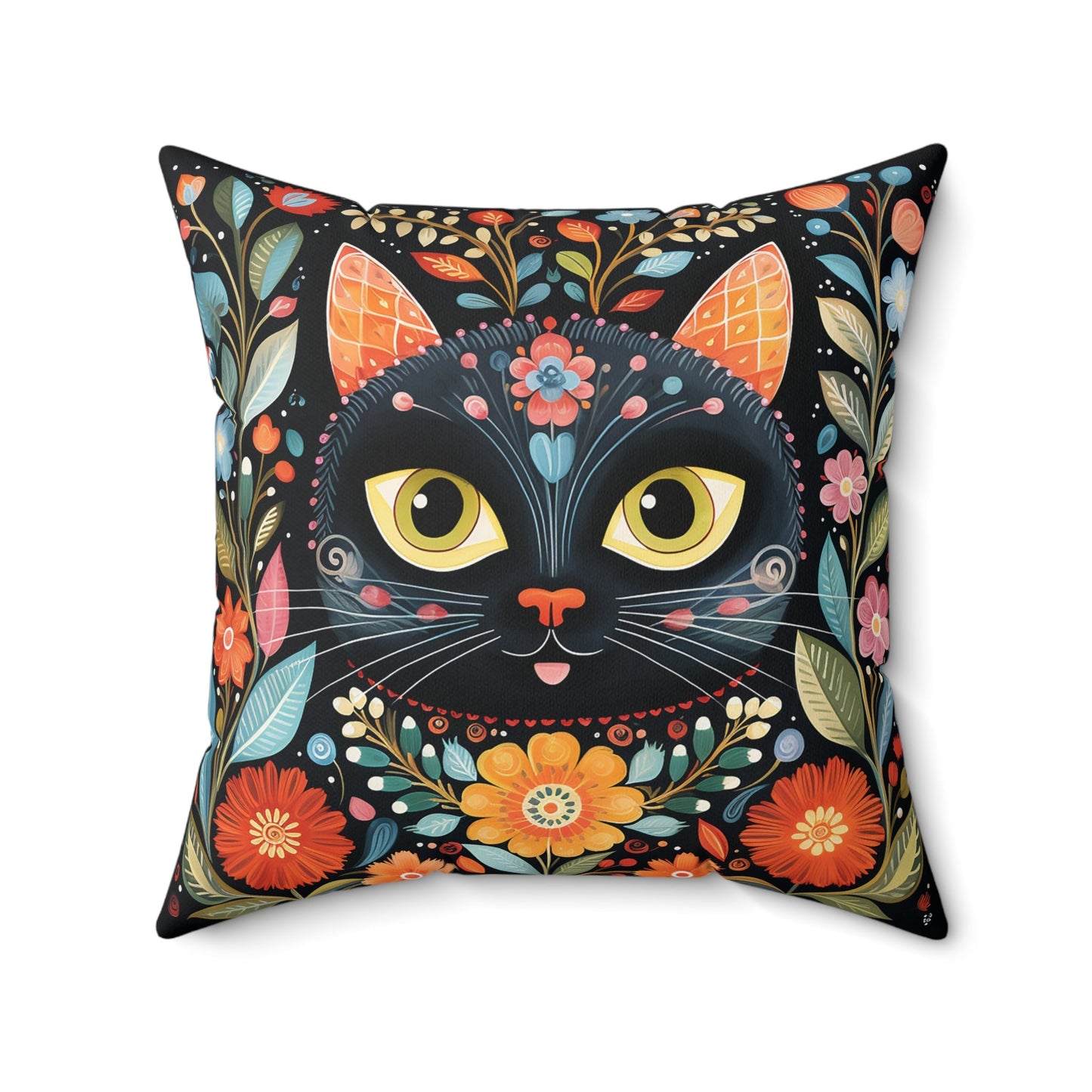 Boho Cat Pillow - Decorative Cat Boho Print Throw Pillow Cover 4 sizes, Bright Boho Decor, Vintage Folk Art, Gift for Artists, Accent Throw - FlooredByArt