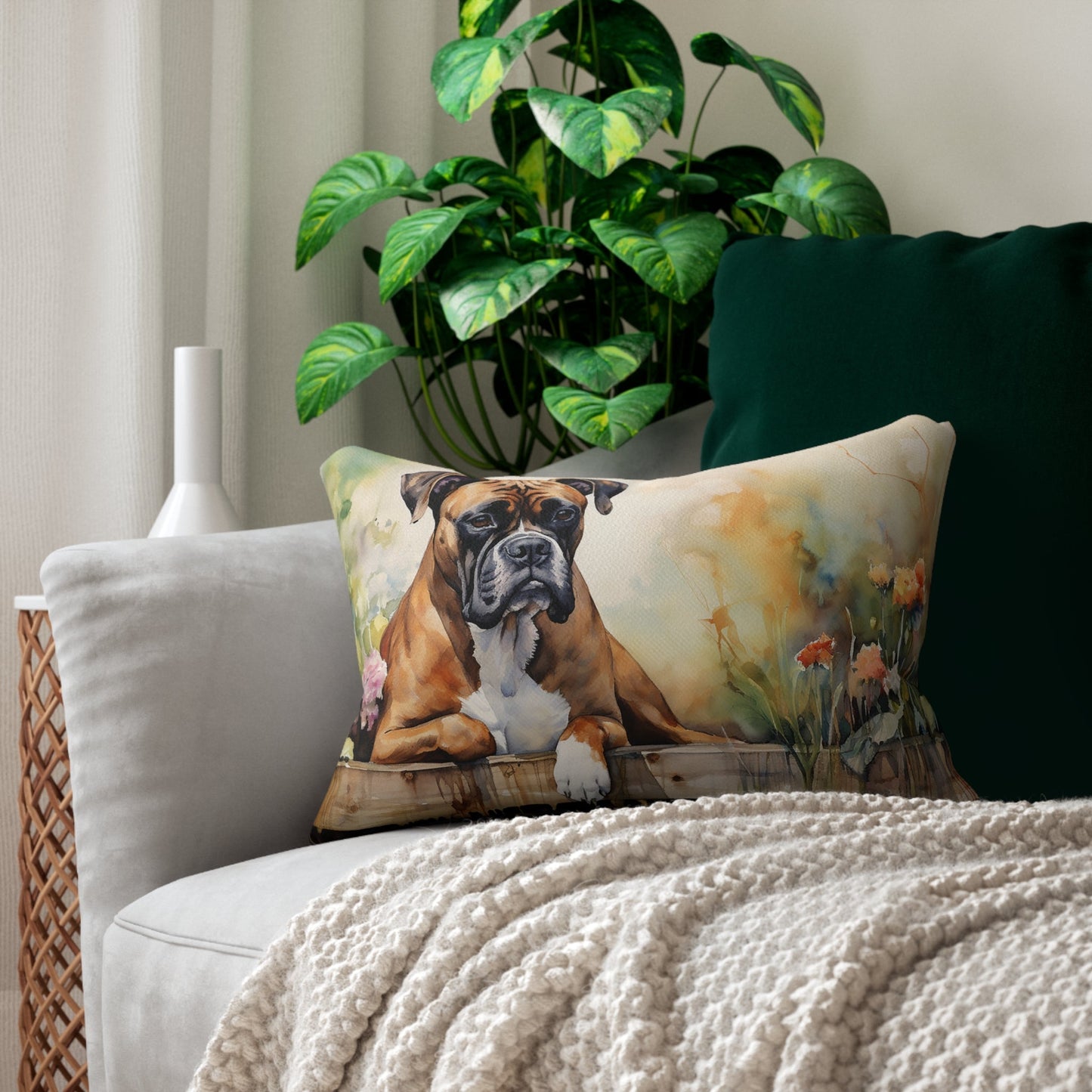 Boxer Dog Throw Pillow, Lumbar Pillow, Lovely Adorable Boxer in Garden Home, Lumbar Support Unique Home Decor Accent Pillow, Elegant AnyRoom - FlooredByArt