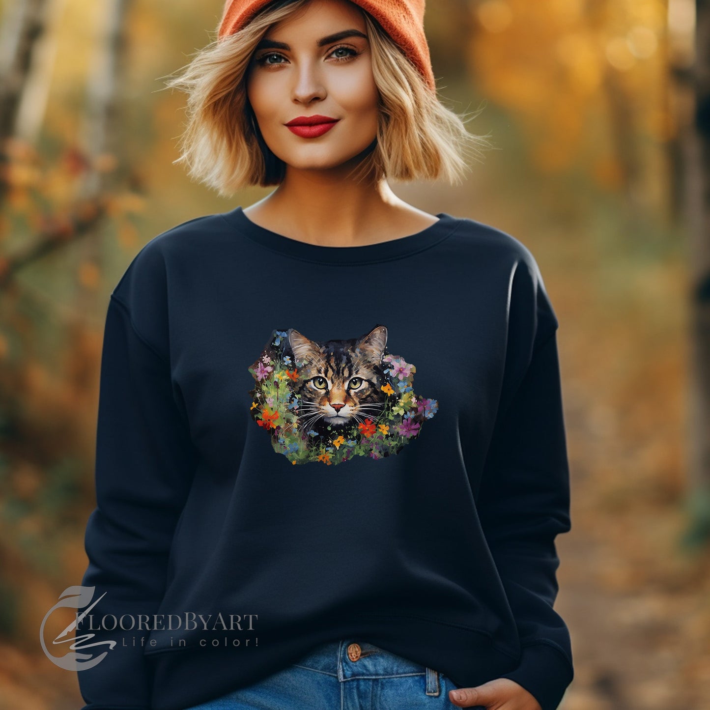 Brown Tabby Cat Sweatshirt, Tortoise Shell Cat in Garden Art Shirt, Unique Cat Owner Gift - FlooredByArt