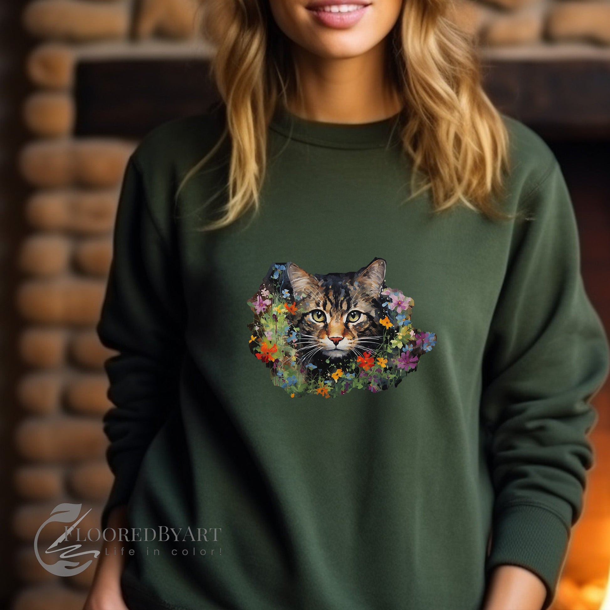 Brown Tabby Cat Sweatshirt, Tortoise Shell Cat in Garden Art Shirt, Unique Cat Owner Gift - FlooredByArt
