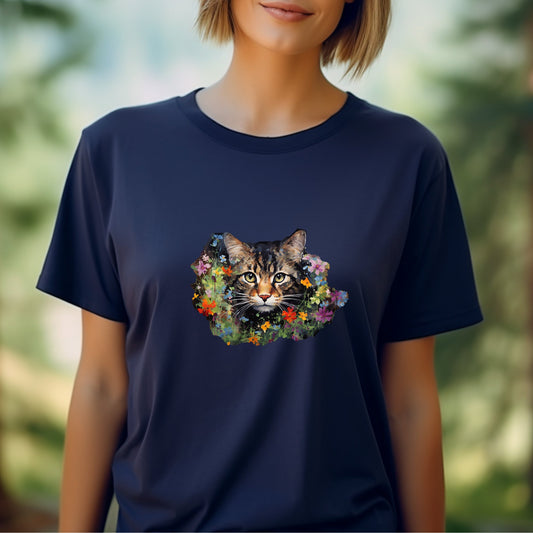 Brown Tabby Cat T-shirt, Tortoise Shell Cat in Garden Art Shirt - FlooredByArt