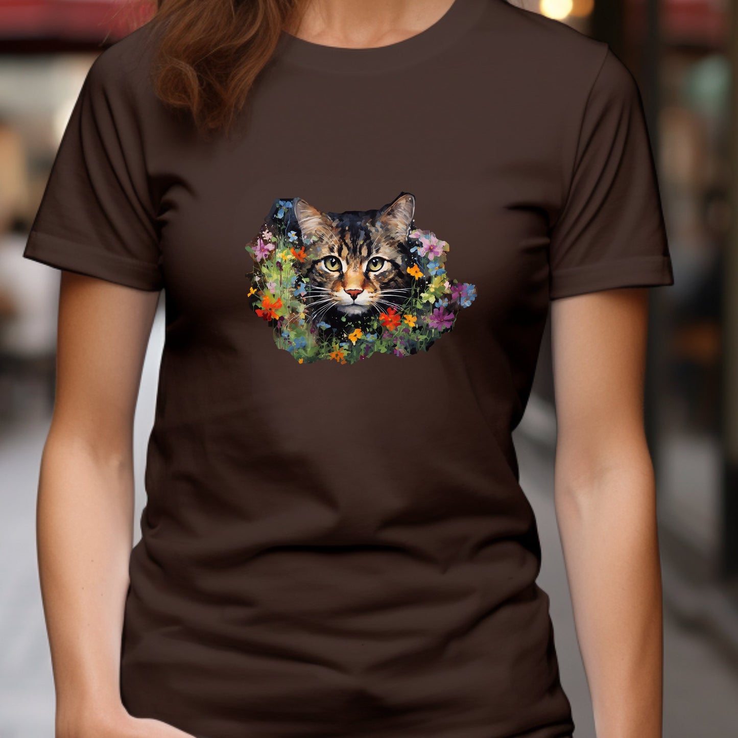 Brown Tabby Cat T-shirt, Tortoise Shell Cat in Garden Art Shirt - FlooredByArt