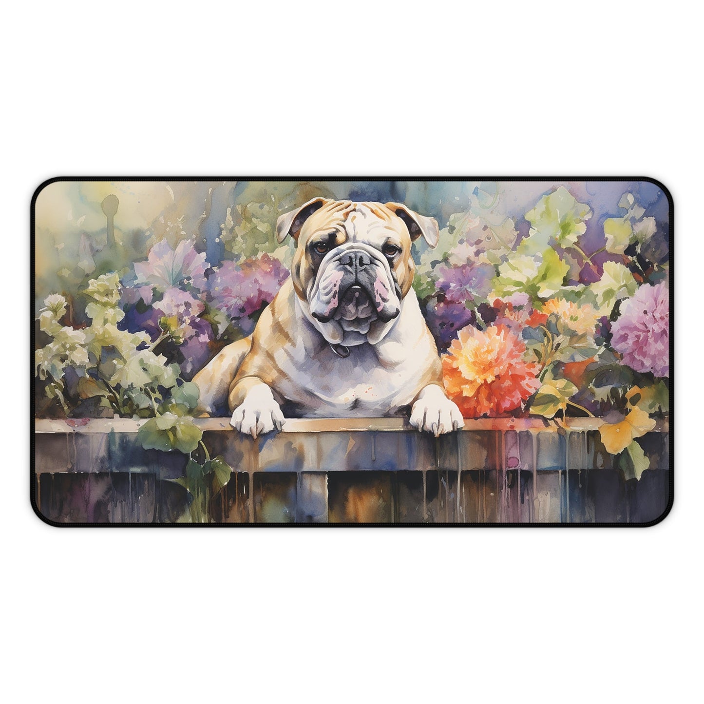 Bulldog in the Garden Large Mouse Pad, Cute Desk Mat - FlooredByArt