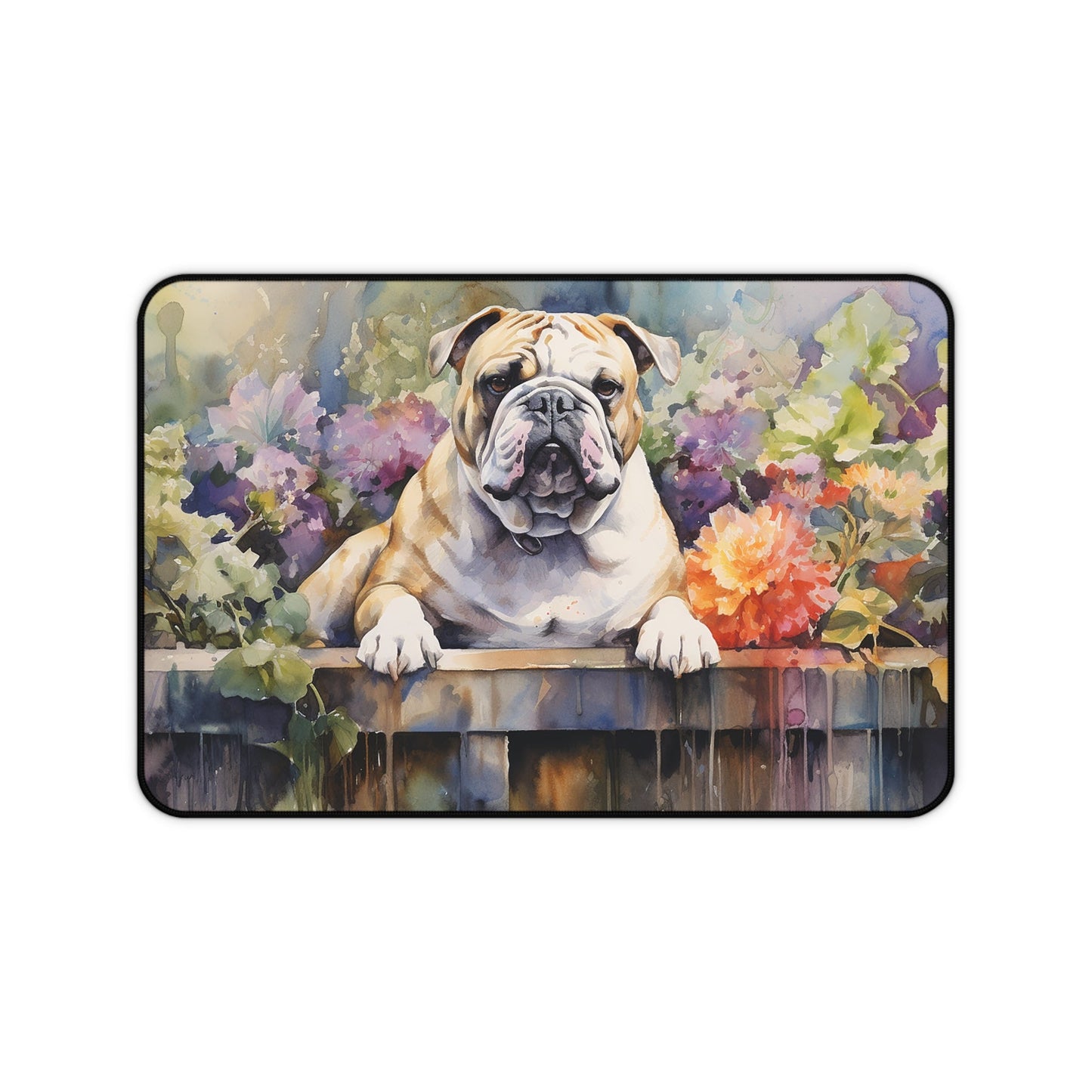 Bulldog in the Garden Large Mouse Pad, Cute Desk Mat - FlooredByArt