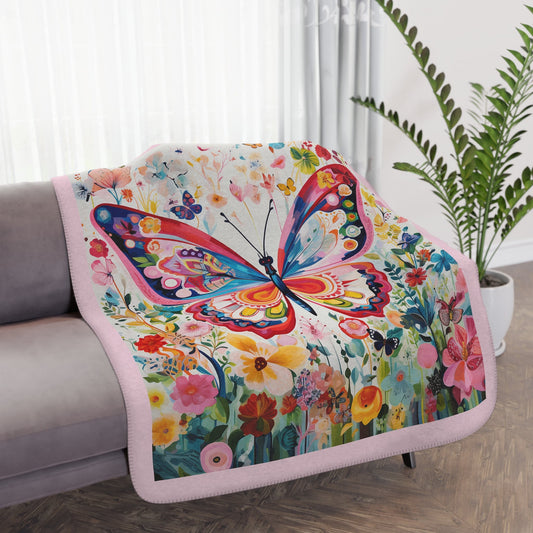 Butterfly Garden Blanket Throw, Joyful Boho Fleece Soft Minky Top - FlooredByArt