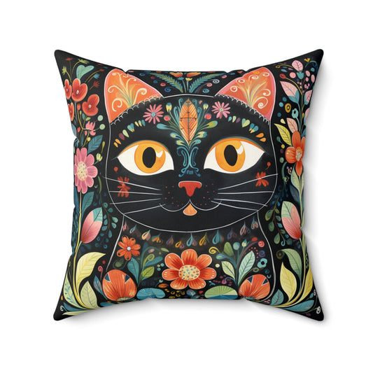 Cat Decor Pillow - Decorative Cat Boho Print Throw Pillow Cover 4 sizes, Bright Boho Decor, Pillowcase, Vintage Folk Art, Gift for Artist - FlooredByArt