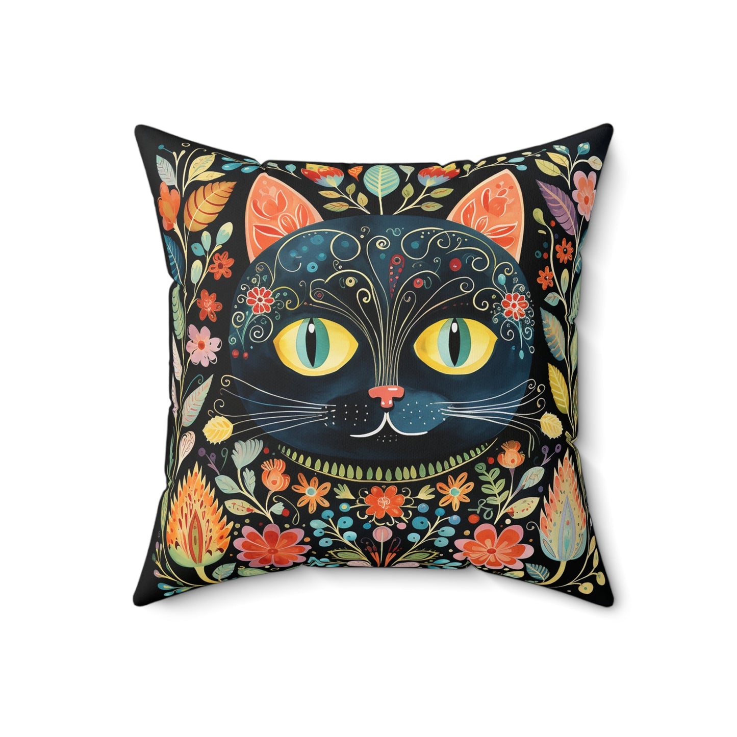 Cat Pillow - Decorative Cat Boho Print Throw Pillow Cover 4 sizes, Bright Boho Decor, Pillowcase, Vintage Folk Art, Gift for Artists, Accent - FlooredByArt