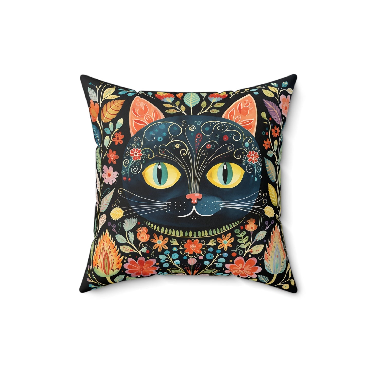 Cat Pillow - Decorative Cat Boho Print Throw Pillow Cover 4 sizes, Bright Boho Decor, Pillowcase, Vintage Folk Art, Gift for Artists, Accent - FlooredByArt