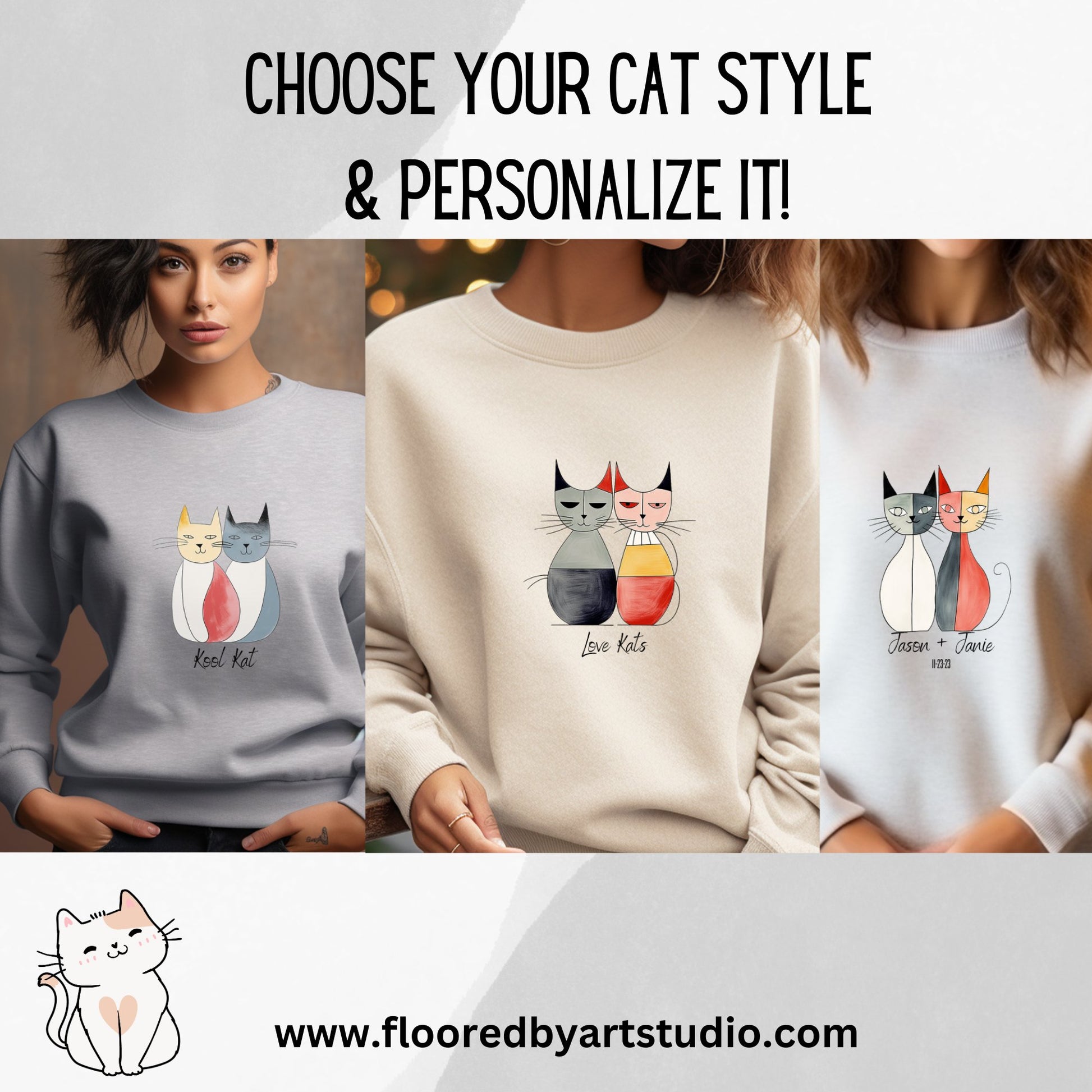 Cat Sweatshirt, Mid Century Modern Atomic Cat Style Cat Lover - FlooredByArt