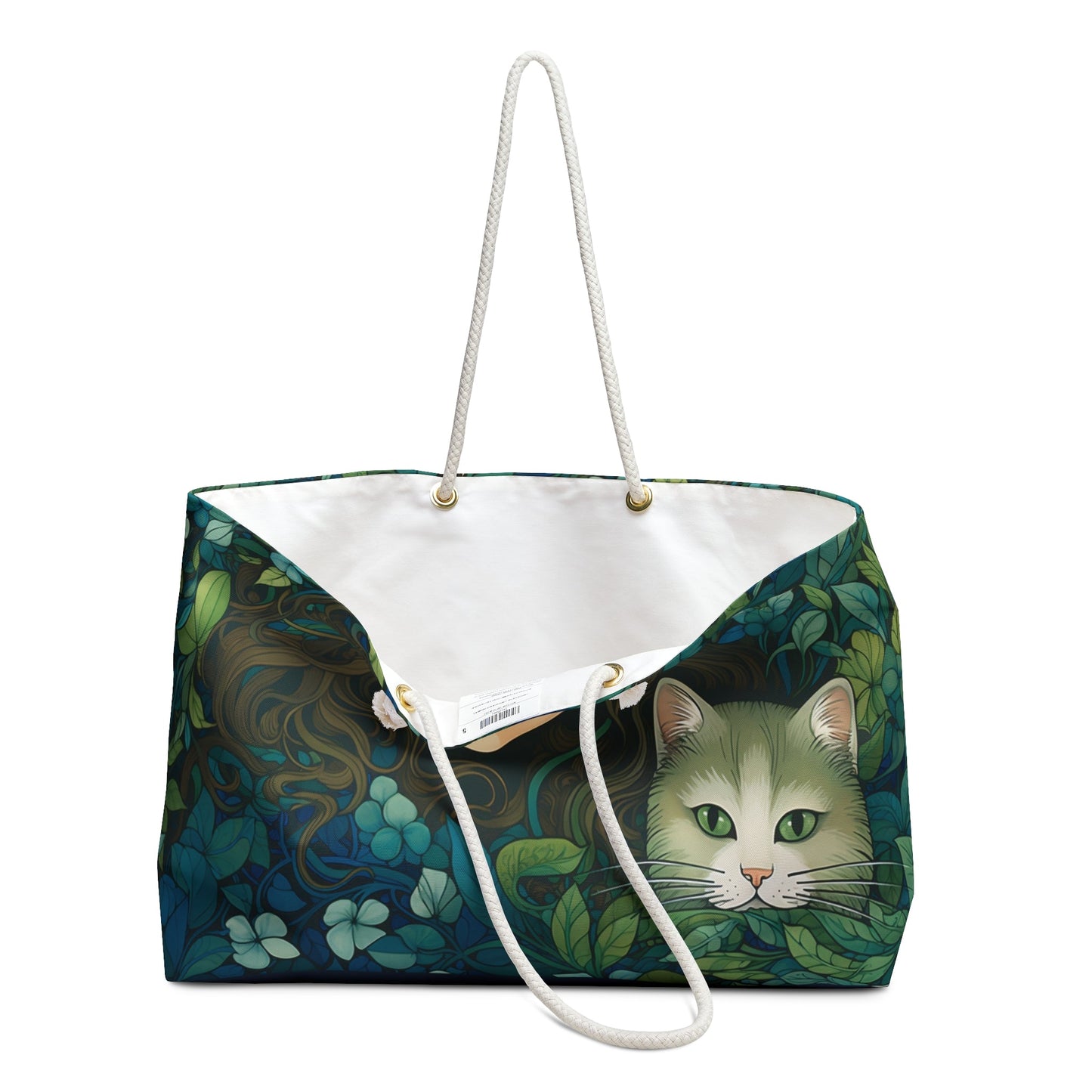 Cat Weekender Tote Bag, Lovely Woman and Cat with Cool Blues and Greens, Unique Art Work - FlooredByArt