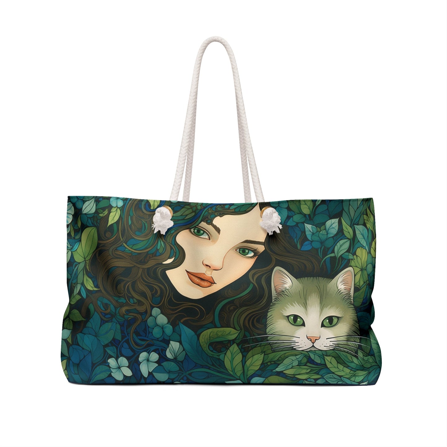 Cat Weekender Tote Bag, Lovely Woman and Cat with Cool Blues and Greens, Unique Art Work - FlooredByArt