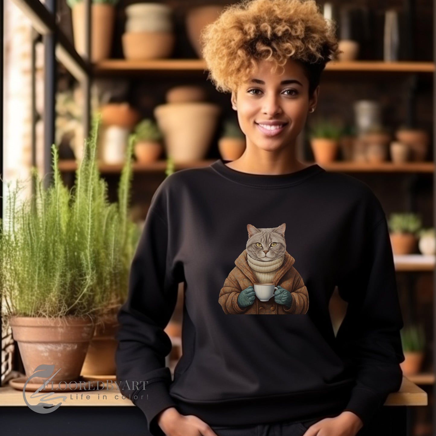 Cats and Coffee, Cats in Sweaters Sweatshirt, Cute Artistic Illustration - FlooredByArt