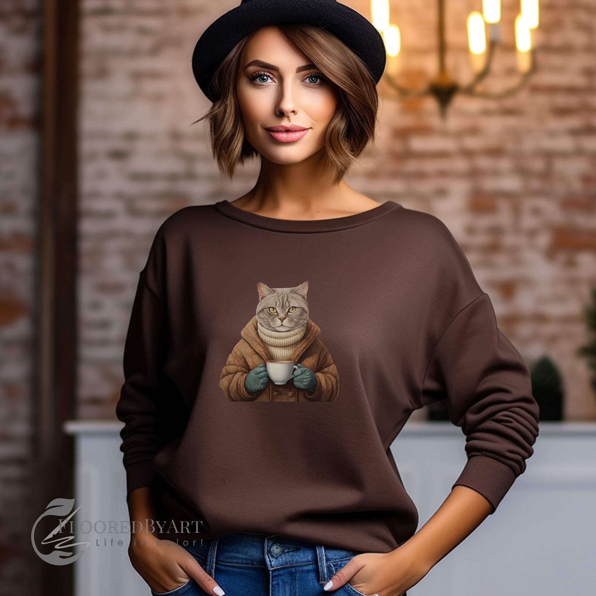 Cats and Coffee, Cats in Sweaters Sweatshirt, Cute Artistic Illustration - FlooredByArt
