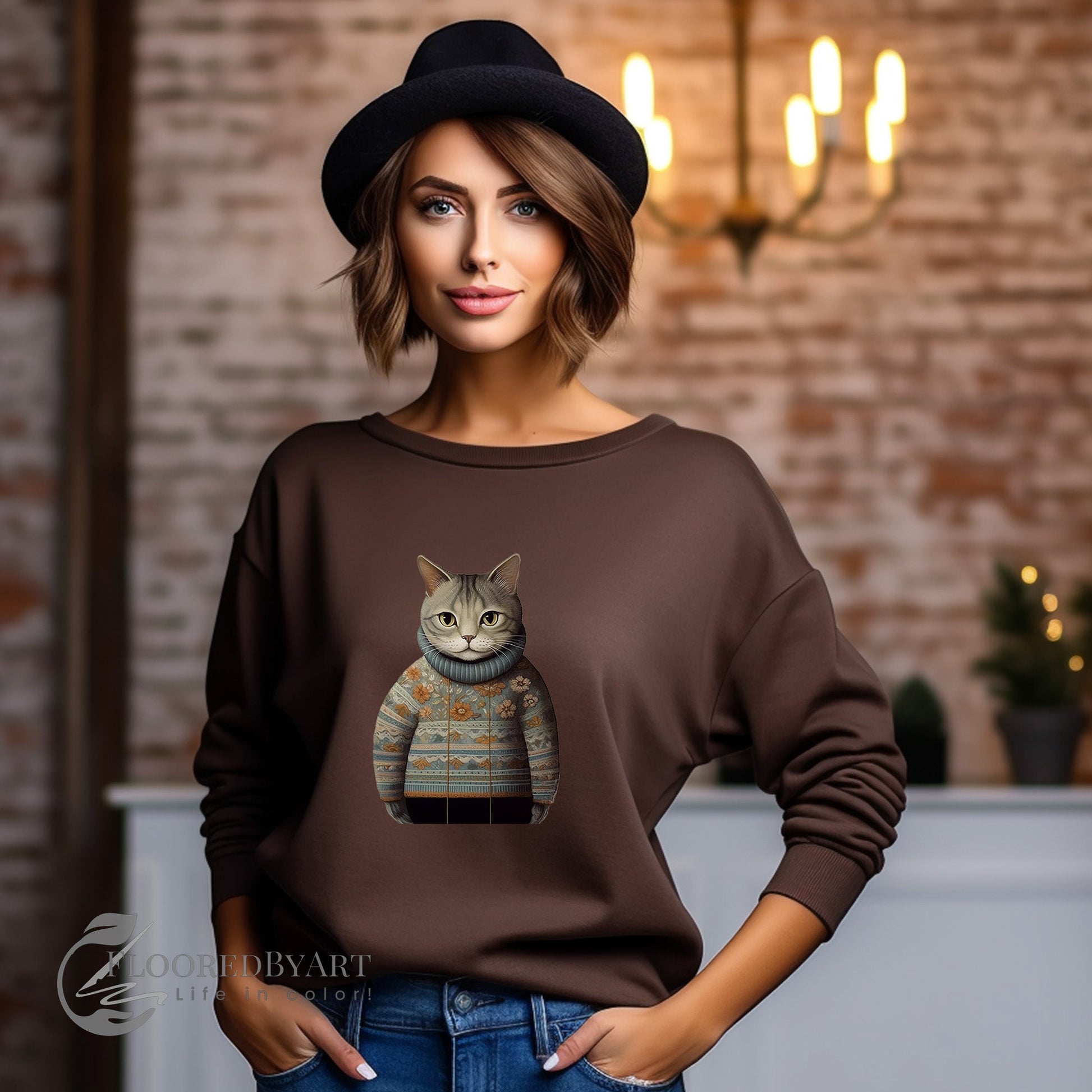 Cats in Sweaters Sweatshirt, Cute Artistic Illustration, Beautiful Astethic Cat Illustration - FlooredByArt