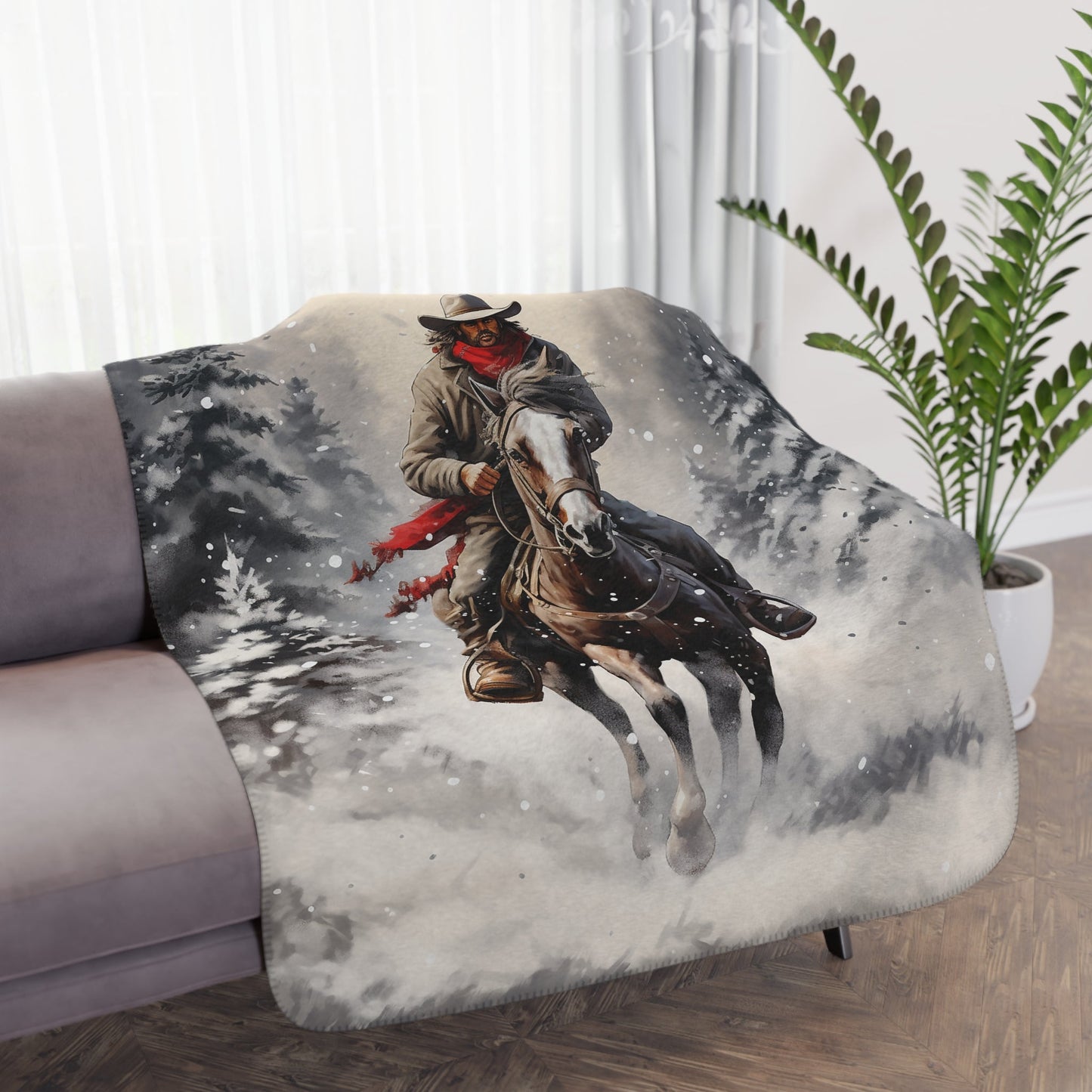 Christmas Cowboy with Horse Blanket Throw - A Timeless Holiday Keepsake for Horse Lovers - FlooredByArt