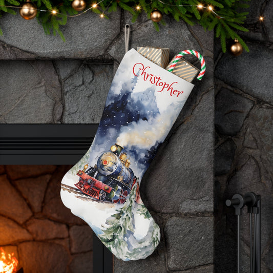Christmas Train Stocking - Watercolor Vintage Steam Train - For Train Lovers - FlooredByArt