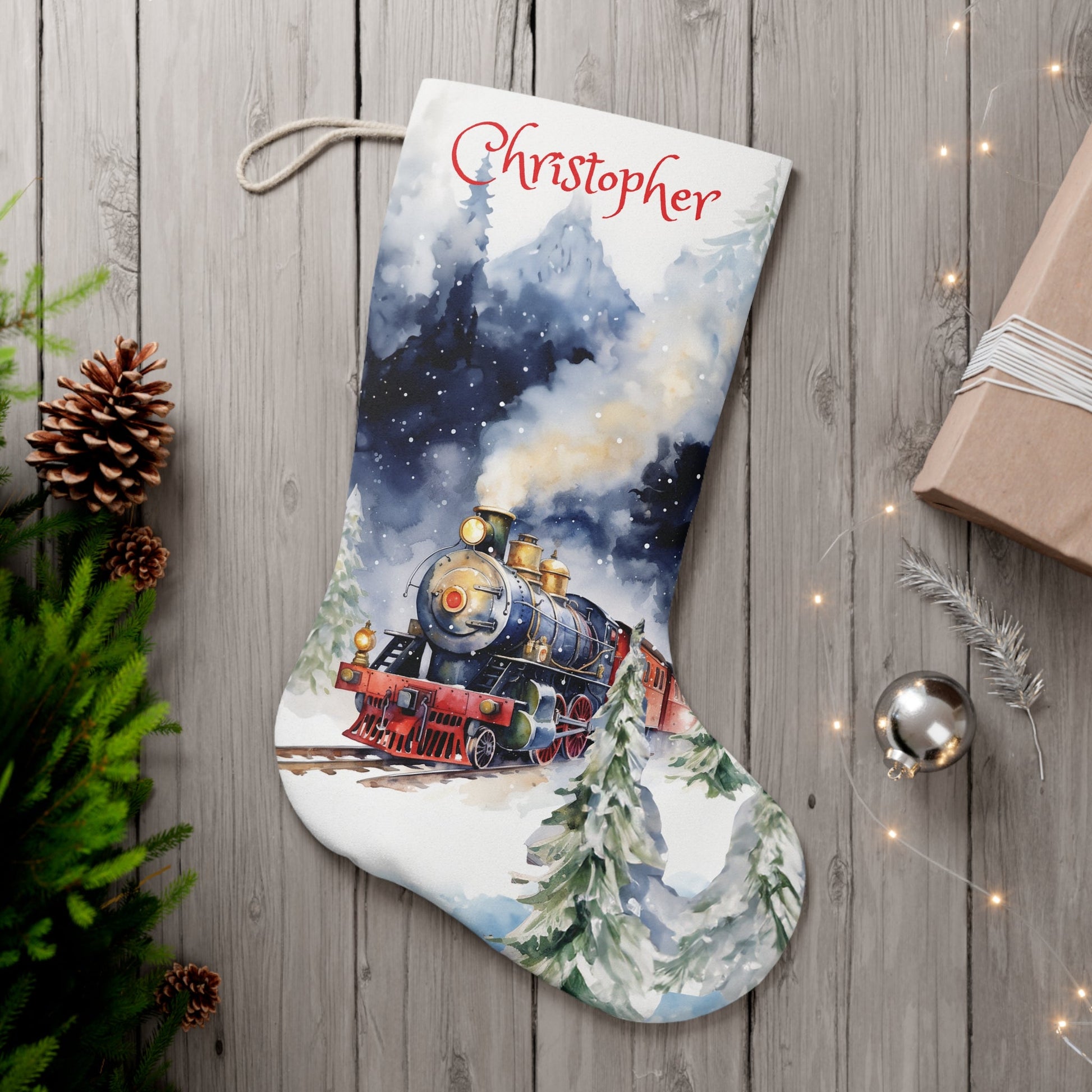 Christmas Train Stocking - Watercolor Vintage Steam Train - For Train Lovers - FlooredByArt