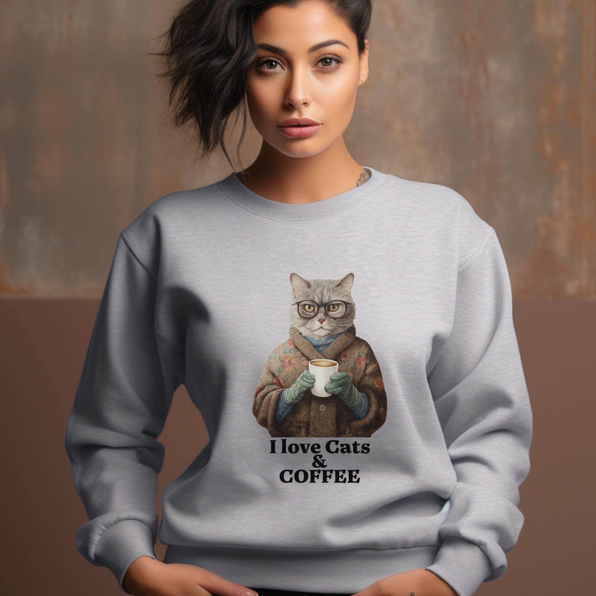 Coffee Shirt with Cat Sweatshirt, "I Love Cats and Coffee" Tabby Cat Tea Shirt - FlooredByArt