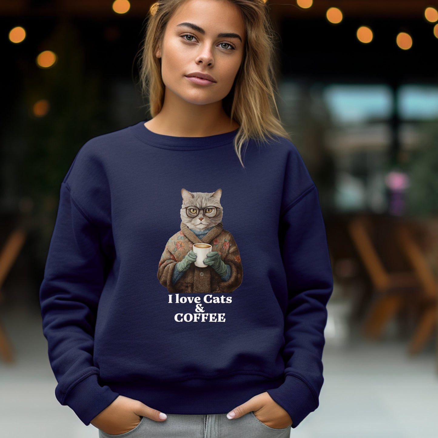 Coffee Shirt with Cat Sweatshirt, "I Love Cats and Coffee" Tabby Cat Tea Shirt - FlooredByArt