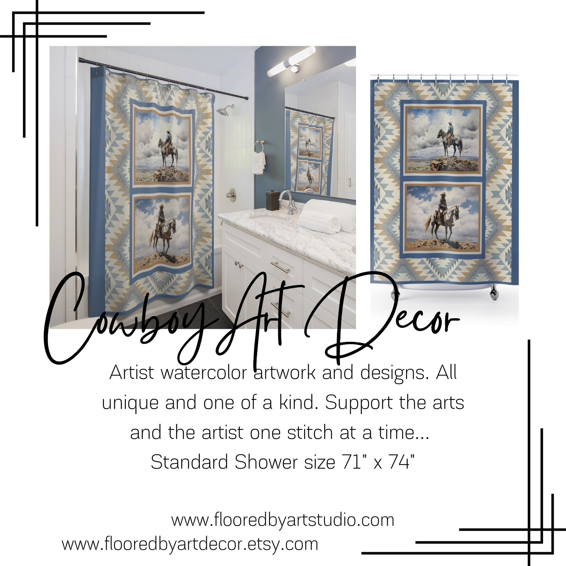 Cowboy Art Shower Curtain, Wild West Horse Bathroom Decor, Rustic - FlooredByArt