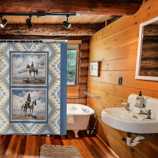 Cowboy Art Shower Curtain, Wild West Horse Bathroom Decor, Rustic - FlooredByArt