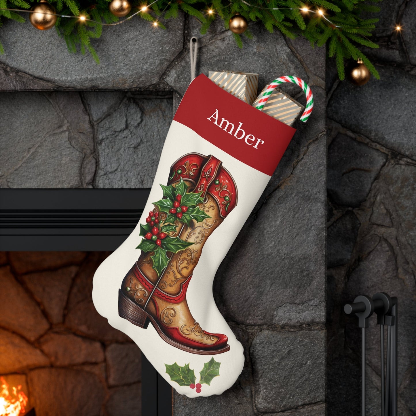 Cowboy Boots Christmas Stocking, Personalized Name, Country Western, Printed Name on Extra Large Stocking, Perfect for Cowboys or Cowgirls - FlooredByArt