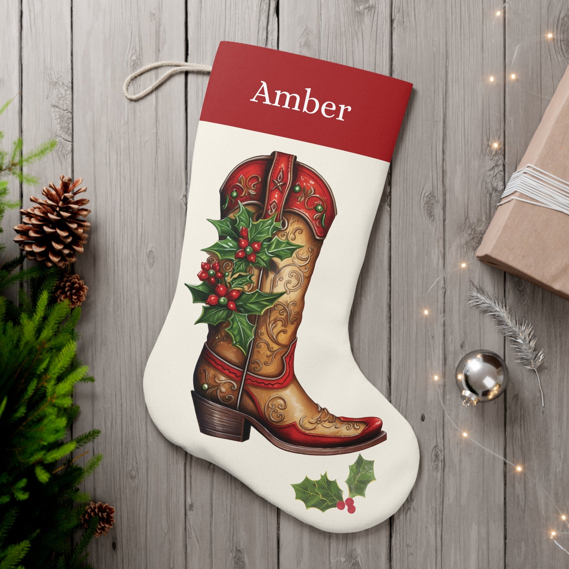 Cowboy Boots Christmas Stocking, Personalized Name, Country Western, Printed Name on Extra Large Stocking, Perfect for Cowboys or Cowgirls - FlooredByArt