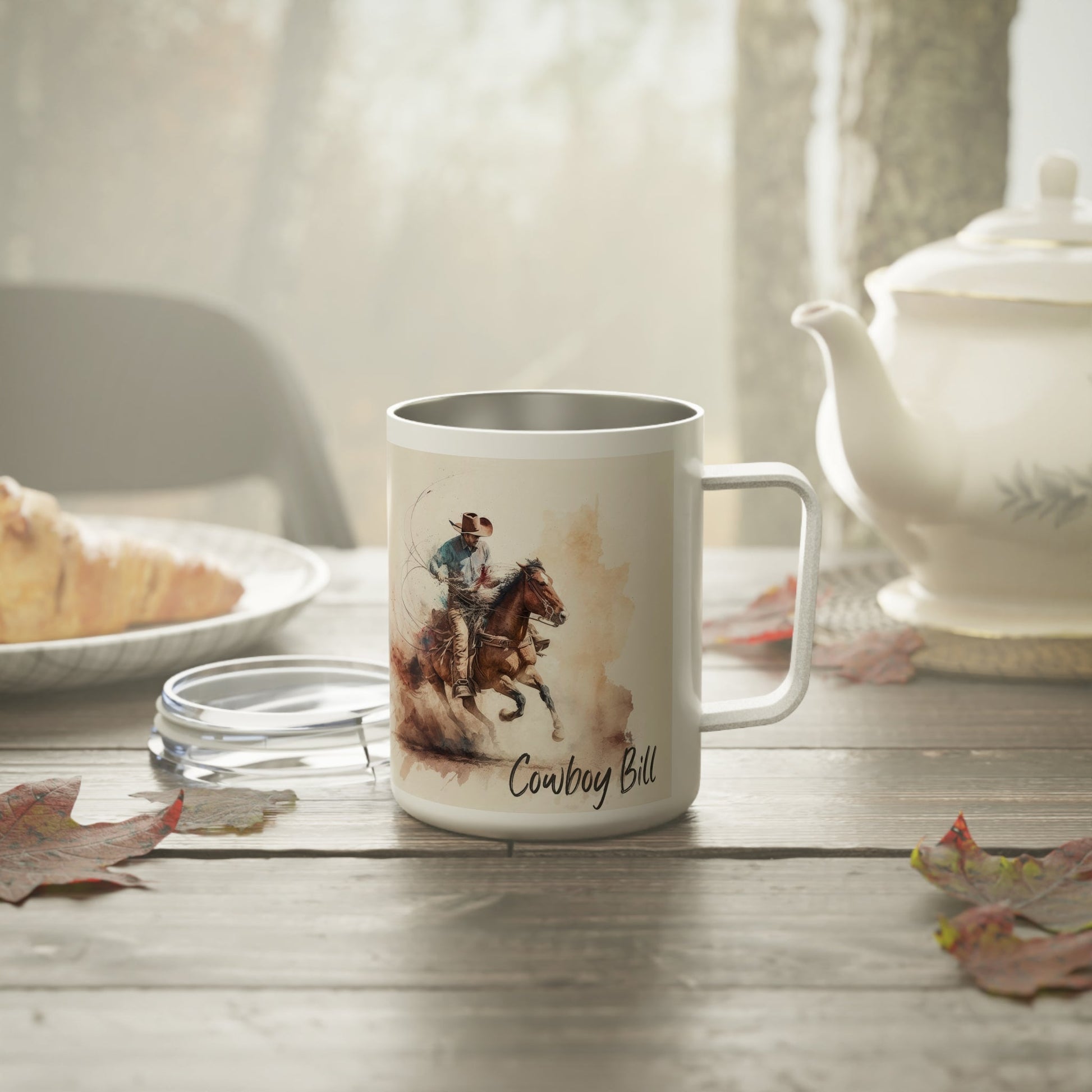 Cowboy Insulated Coffee Mug, 10oz -Personalize Cowboy & Horse Lover Cup - FlooredByArt
