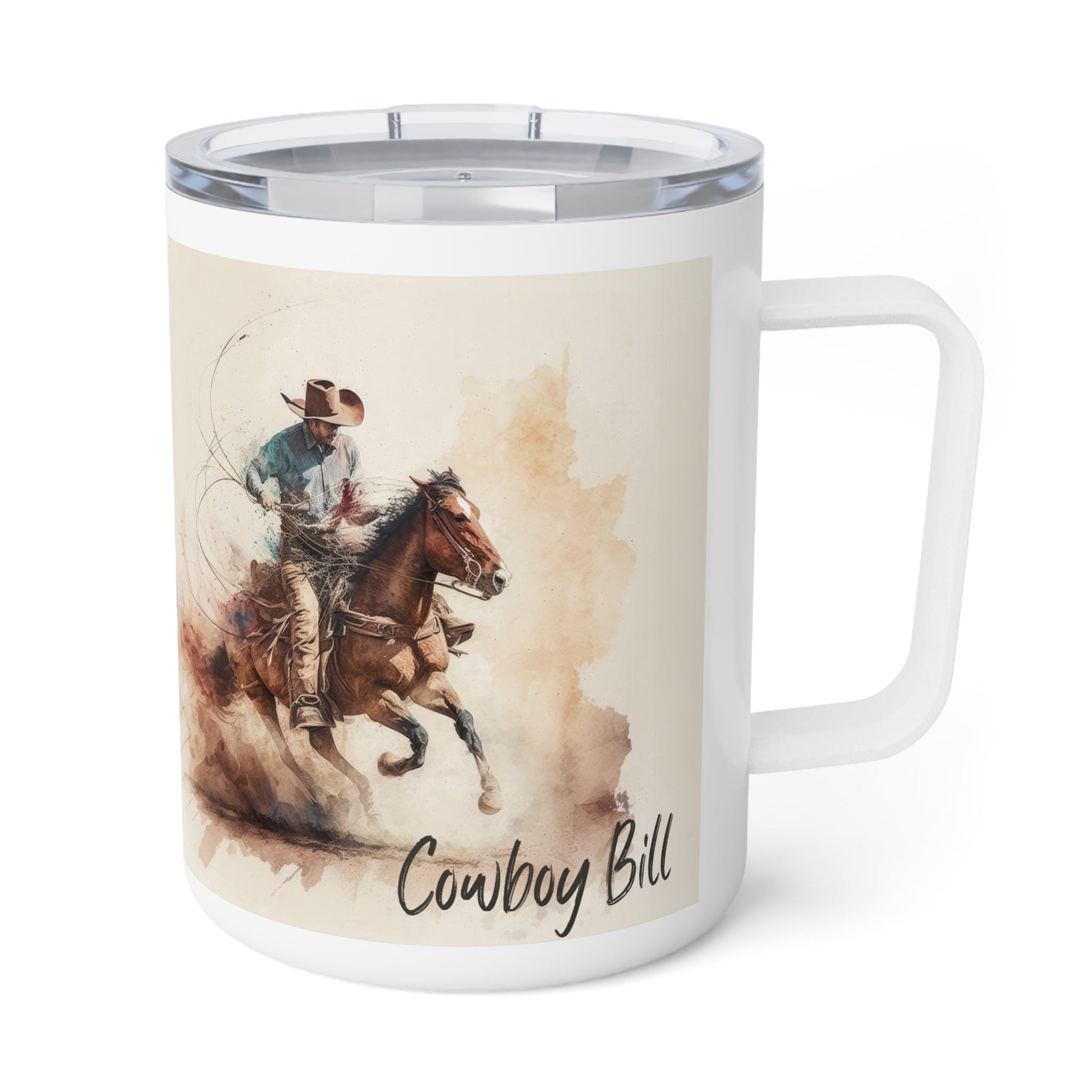 Cowboy Insulated Coffee Mug, 10oz -Personalize Cowboy & Horse Lover Cup - FlooredByArt