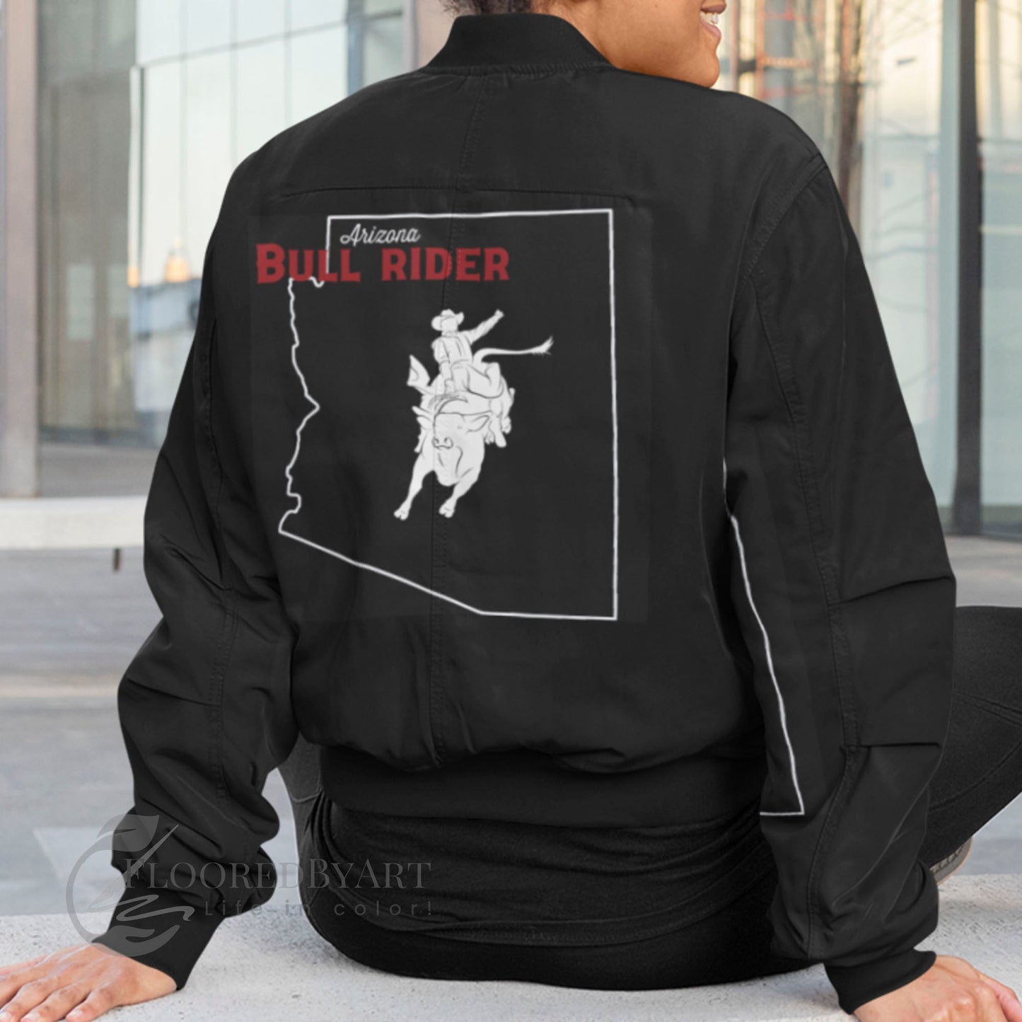 Custom Bull Riding Bomber Jacket With State Outline on the Back, Bull Rider Gift - FlooredByArt