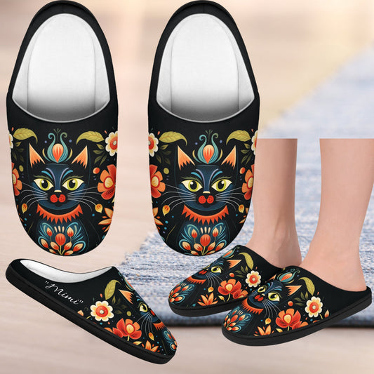 Cute Black Cat Slippers, Scandinavian Folk Art Slippers - FlooredByArt