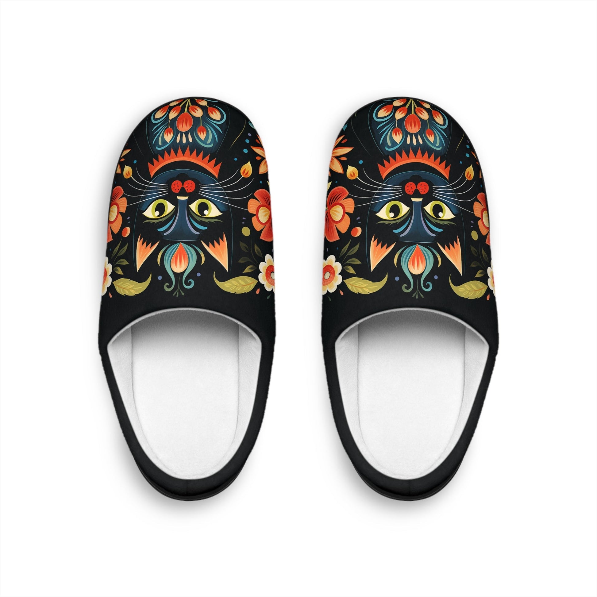 Cute Black Cat Slippers, Scandinavian Folk Art Slippers, Black Cat Lover Gift- Scandi Rosemaling Design Gift for Mom, Comfy Indoor Slippers - FlooredByArt