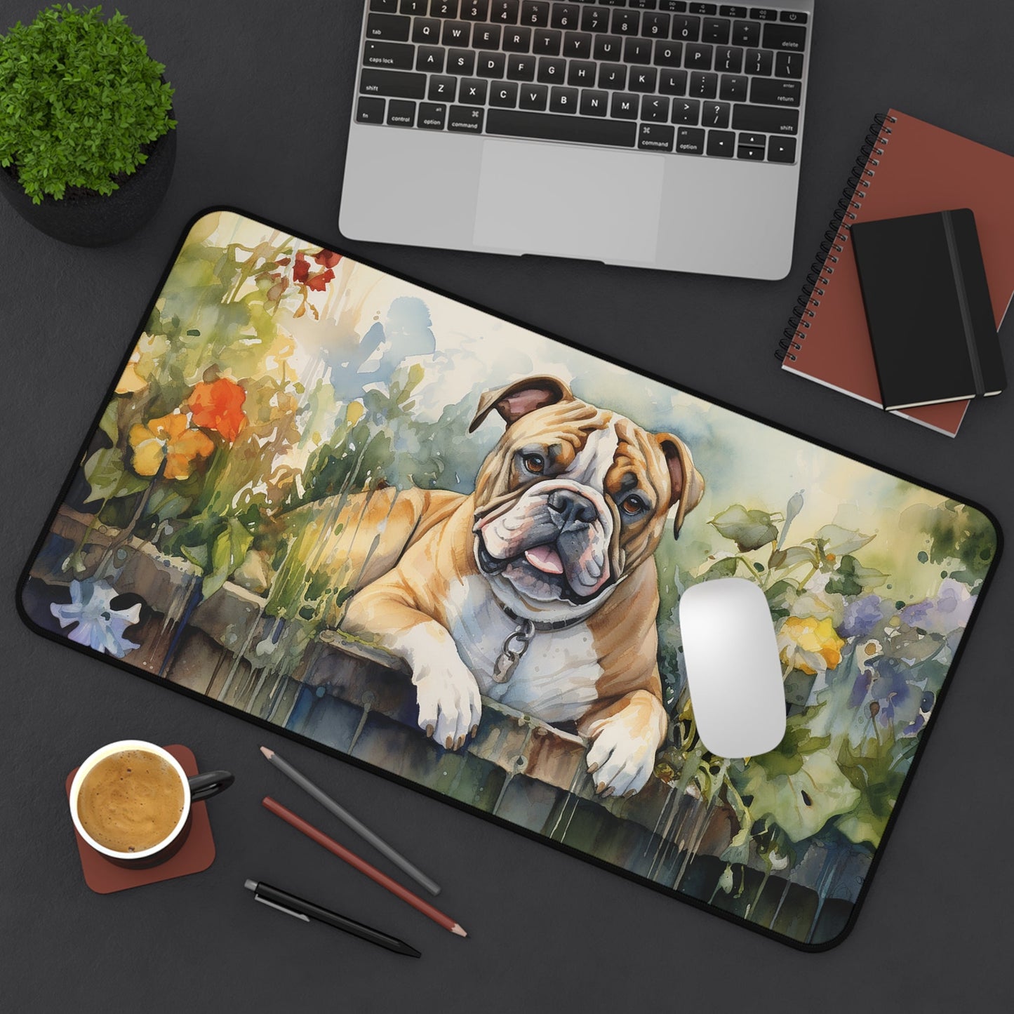 Cute Bulldog In the Garden Large Mouse Pad, Unique Computer Mouse Mats - FlooredByArt