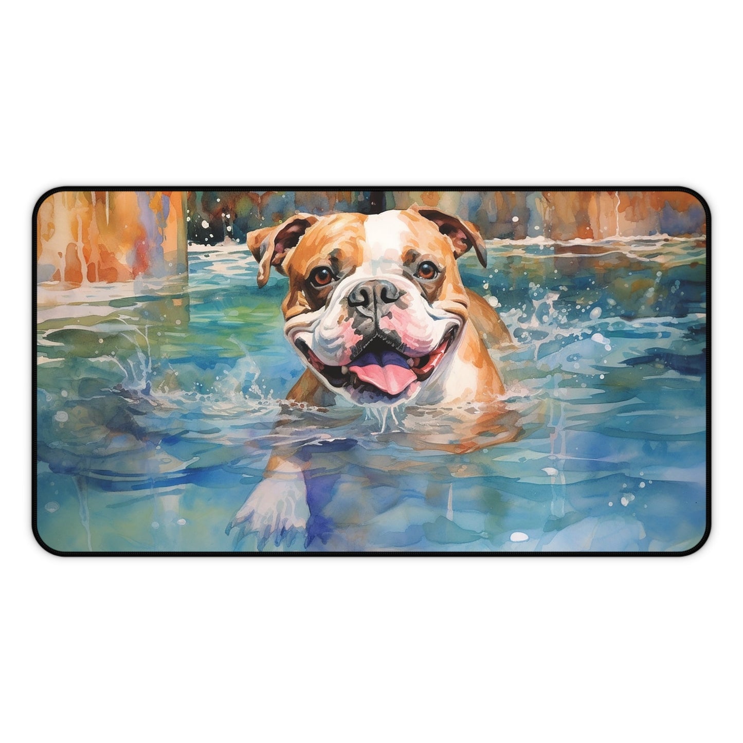 Cute Bulldog Swimming Large Mouse Pad, Watercolor Dog Art - FlooredByArt