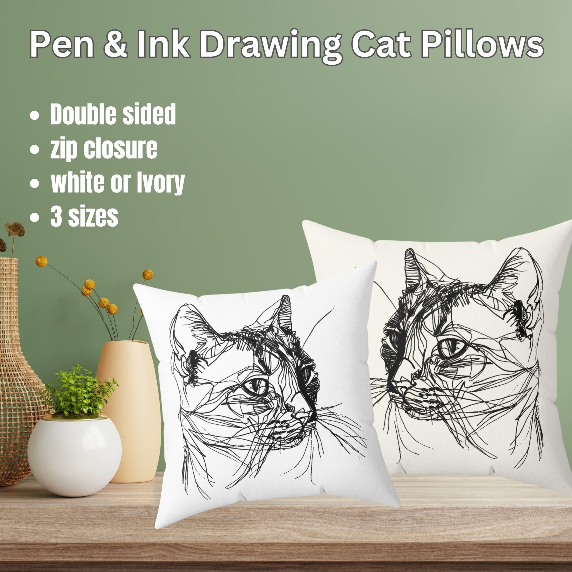 Cute Cat Art Throw Pillow, Pen and Ink Art Cat Accent Decor Pillow - FlooredByArt